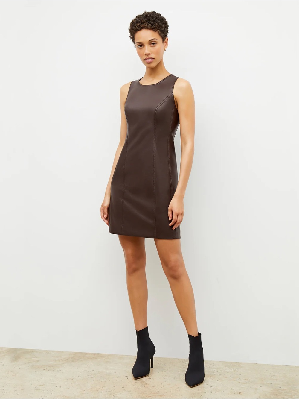 MM Lafleur Brown Sleeveless Vegan Leather Mini Dress